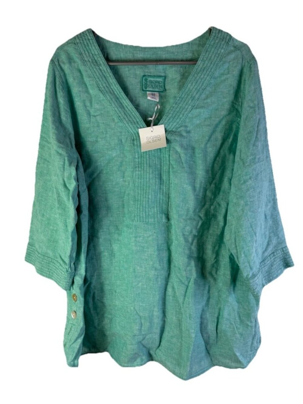 New Sigrid Olsen Linen Blend Shirt Top Tunic Coastal Green